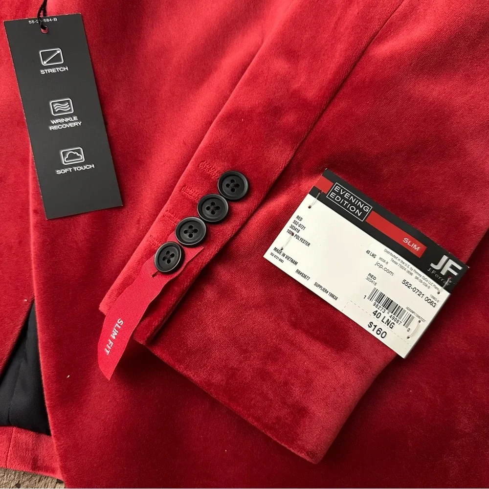 J Ferrar Velvet Sports Coat Evening Blazer Mens Size 40 Long Red